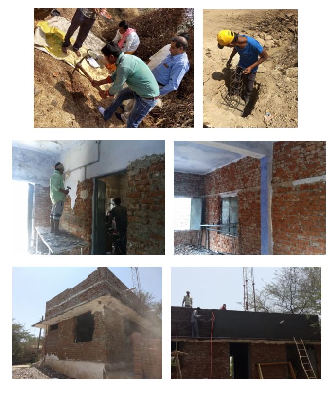 Photo collage of workers rebuilding the bricks, reinforcing walls and installing drywall 