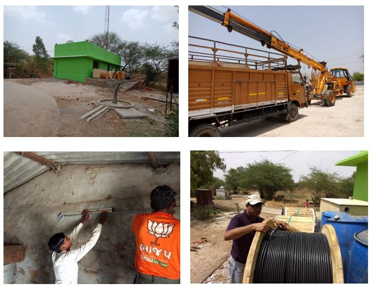 Photo Collage of workers laying out cable and using borewell driller