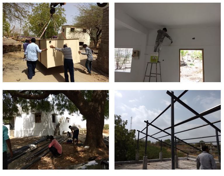 Workers installing equipment and building solar structure